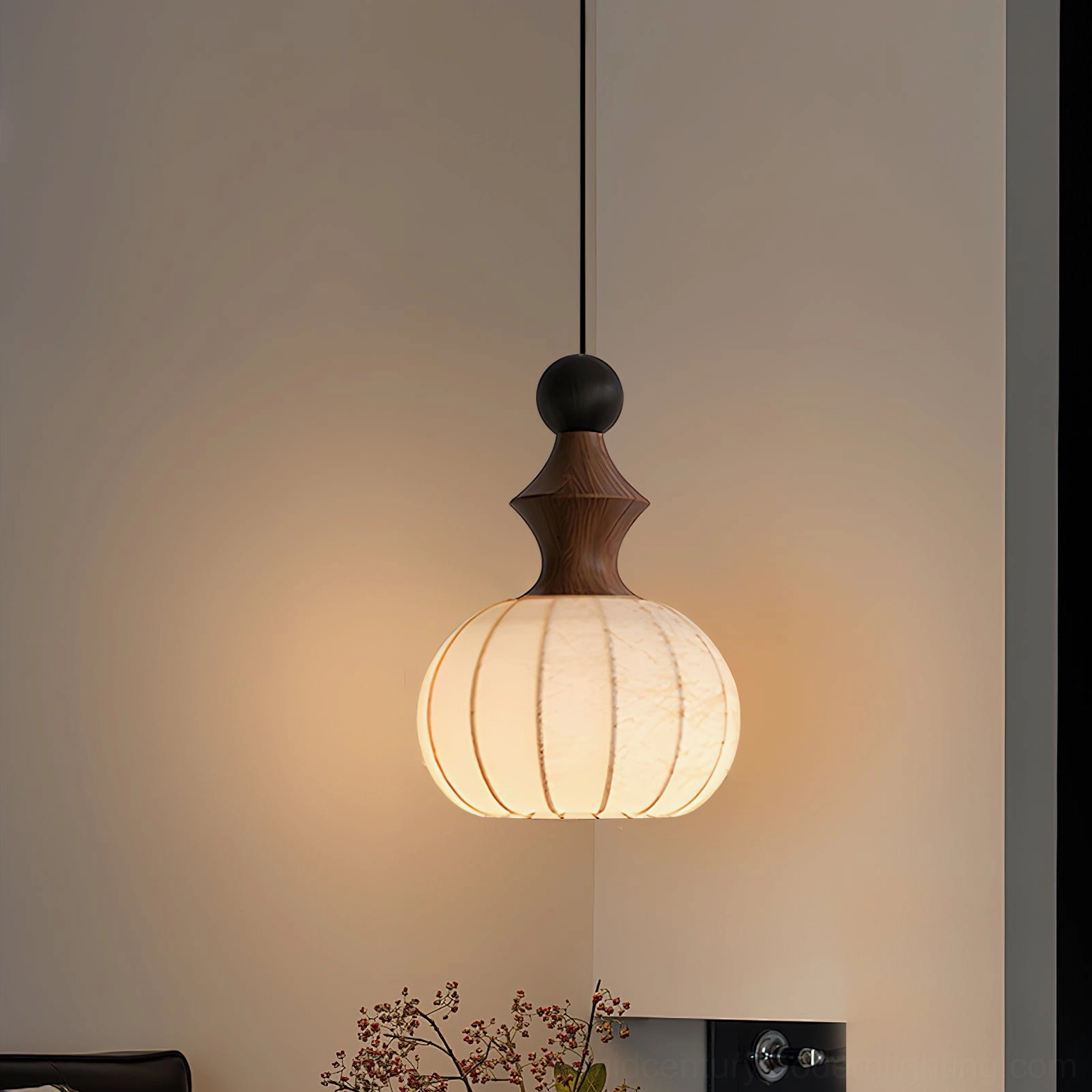 Mid-century modern wooden pendant light with walnut and white two-tone finish showing textured fabric shade construction
