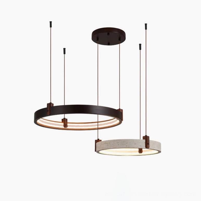 Mid-size two-head travertine ring chandelier with black and walnut accents in neutral contemporary interior setting