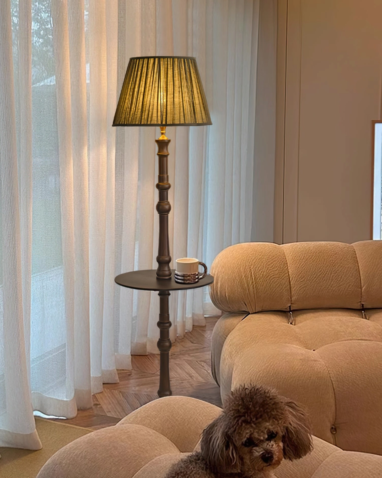 Mid-Century Modern Floor Lamp with integrated side table in contemporary interior space