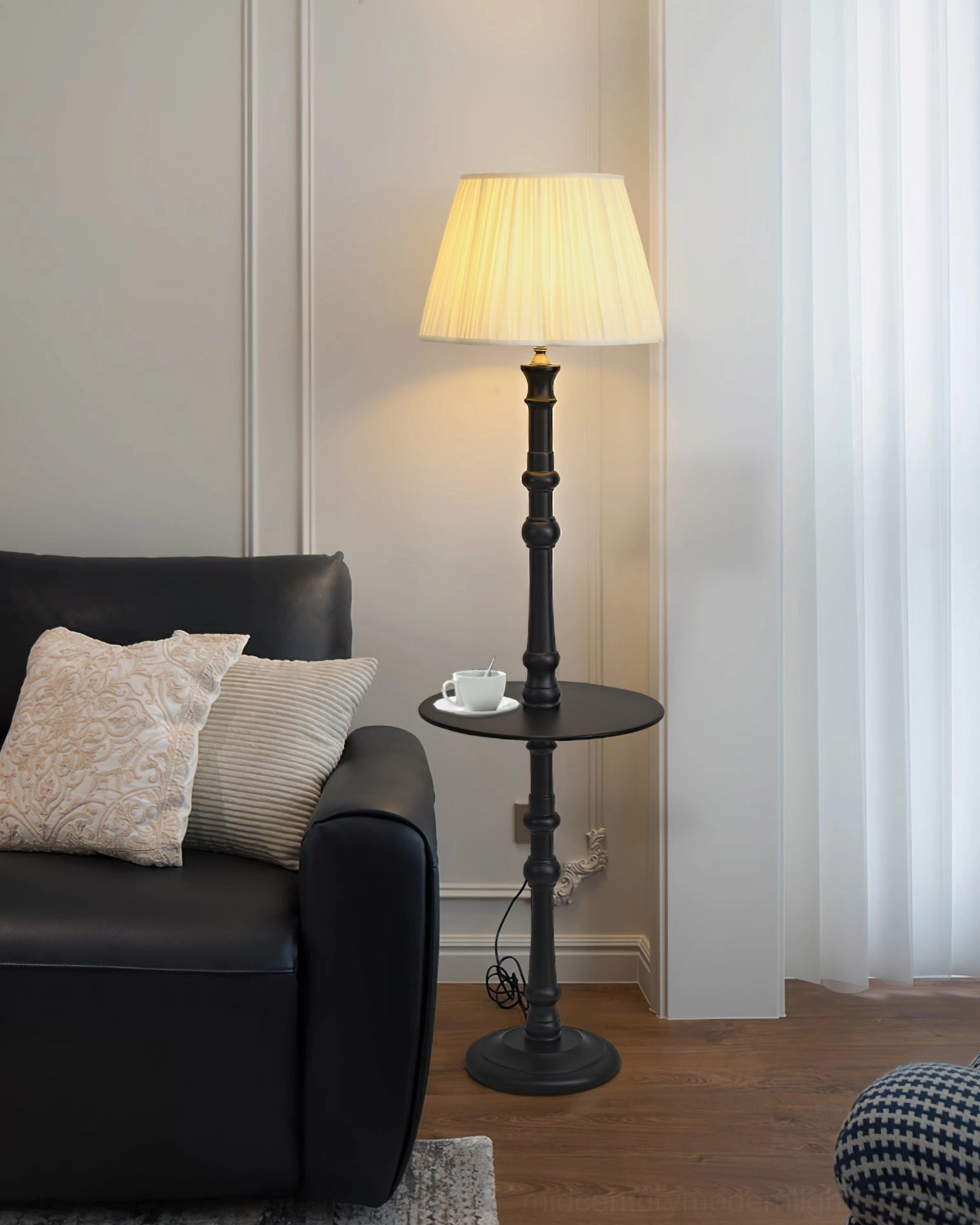 Mid-Century Modern Floor Lamp with White and Black color combination in home setting