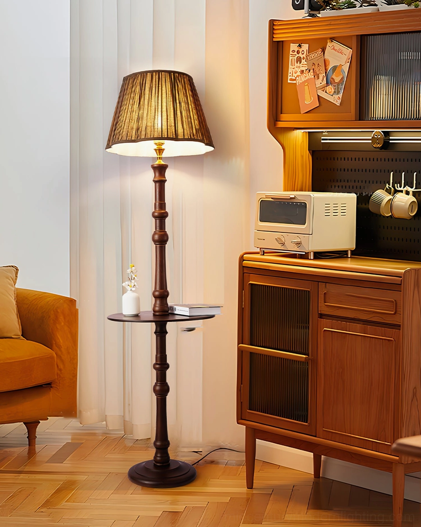 Mid-Century Modern Floor Lamp with integrated side table paired with retro cabinet and orange sofa