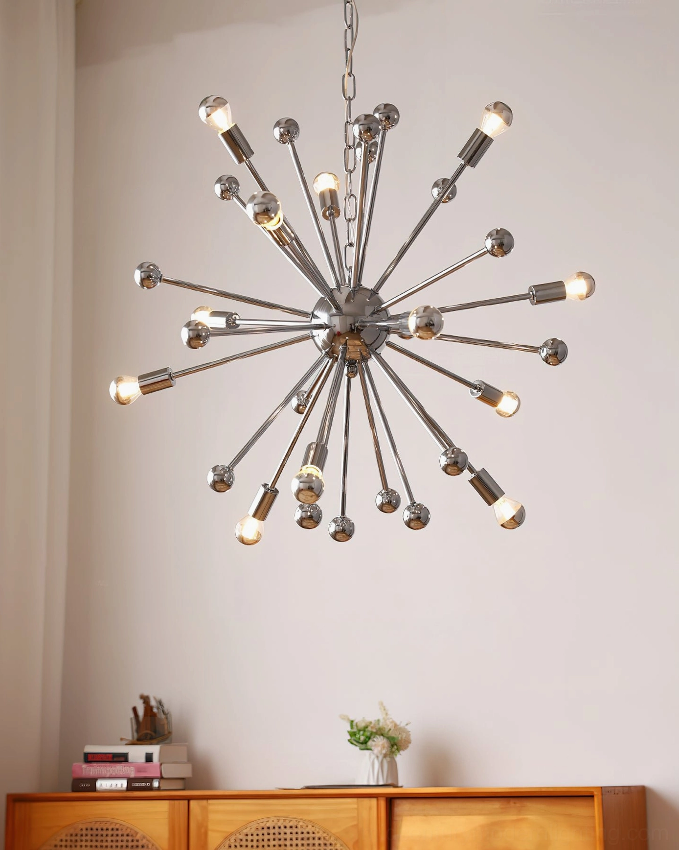 Mid-century sputnik chandelier compact 12-light model warm illumination home setting