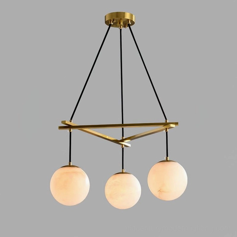 Three-globe Miira Alabaster Chandelier triangular configuration front view with brushed brass finish