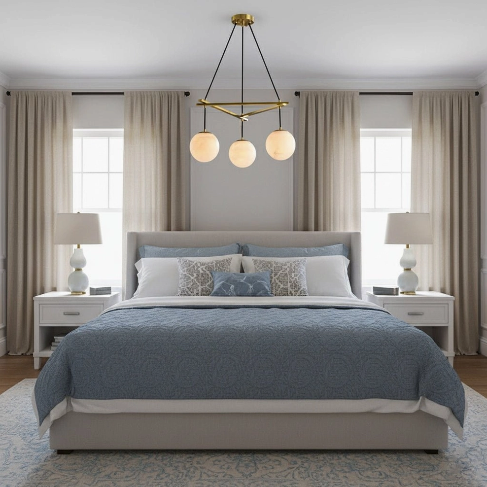 Three-head compact Miira Chandelier in minimalist modern master bedroom with neutral palette