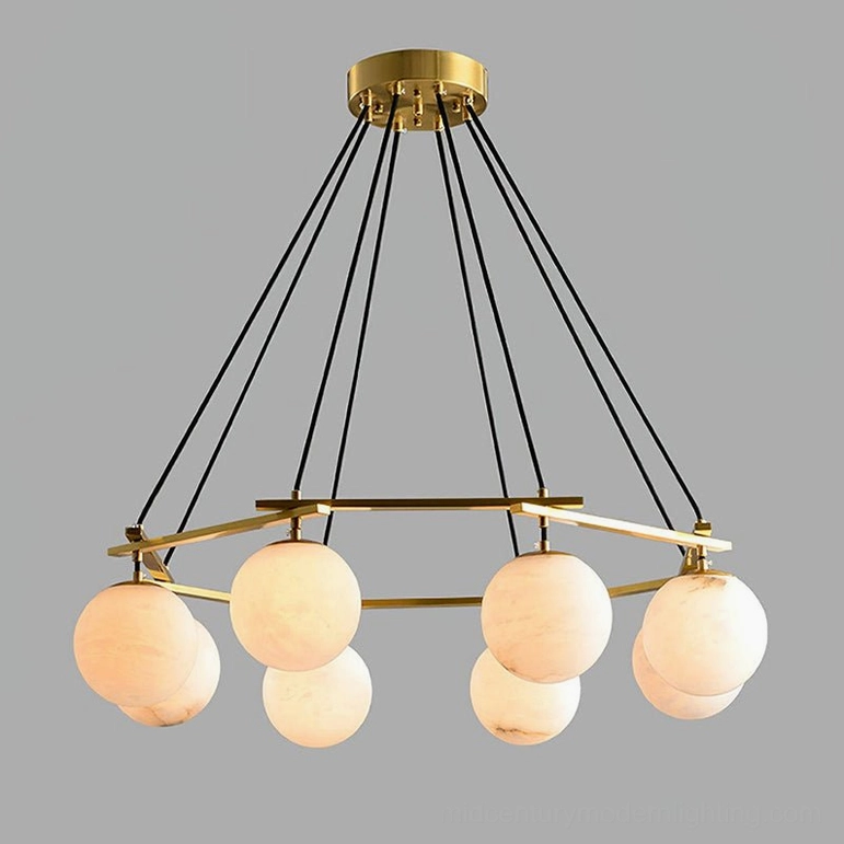 Eight-head Miira Alabaster Chandelier full frame detail showing geometric brass construction