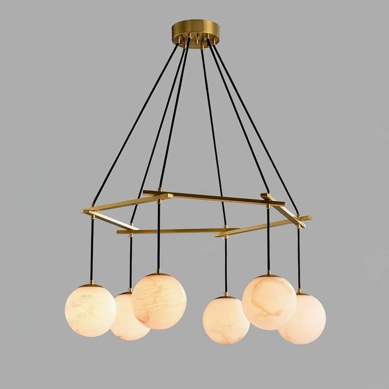 Eight-light Miira Chandelier with double-tiered brass frame and multiple alabaster globe shades