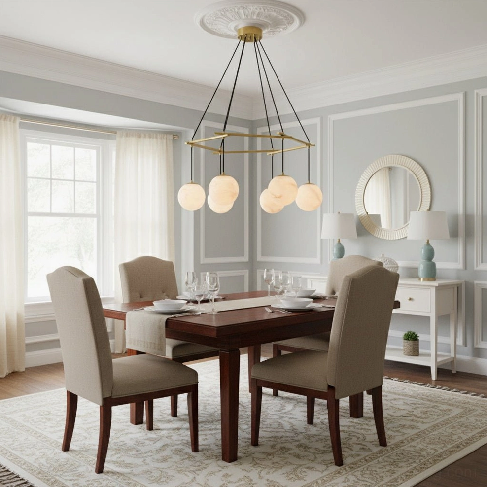 Eight-head Miira Alabaster Chandelier in elegant neoclassical formal dining room with set table