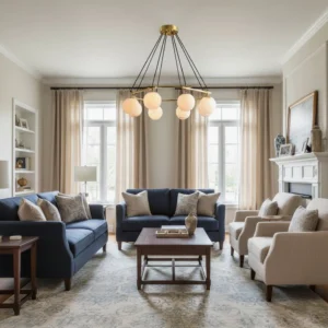 Miira multi-globe chandelier illuminated in traditional American living room setting with warm ambient lighting