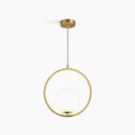Mila hand-blown glass pendant lamp with brass frame and frosted white shade on white background, circular design mid-century modern lighting