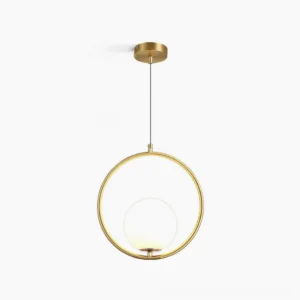 Mila hand-blown glass pendant lamp with brass frame and frosted white shade on white background, circular design mid-century modern lighting