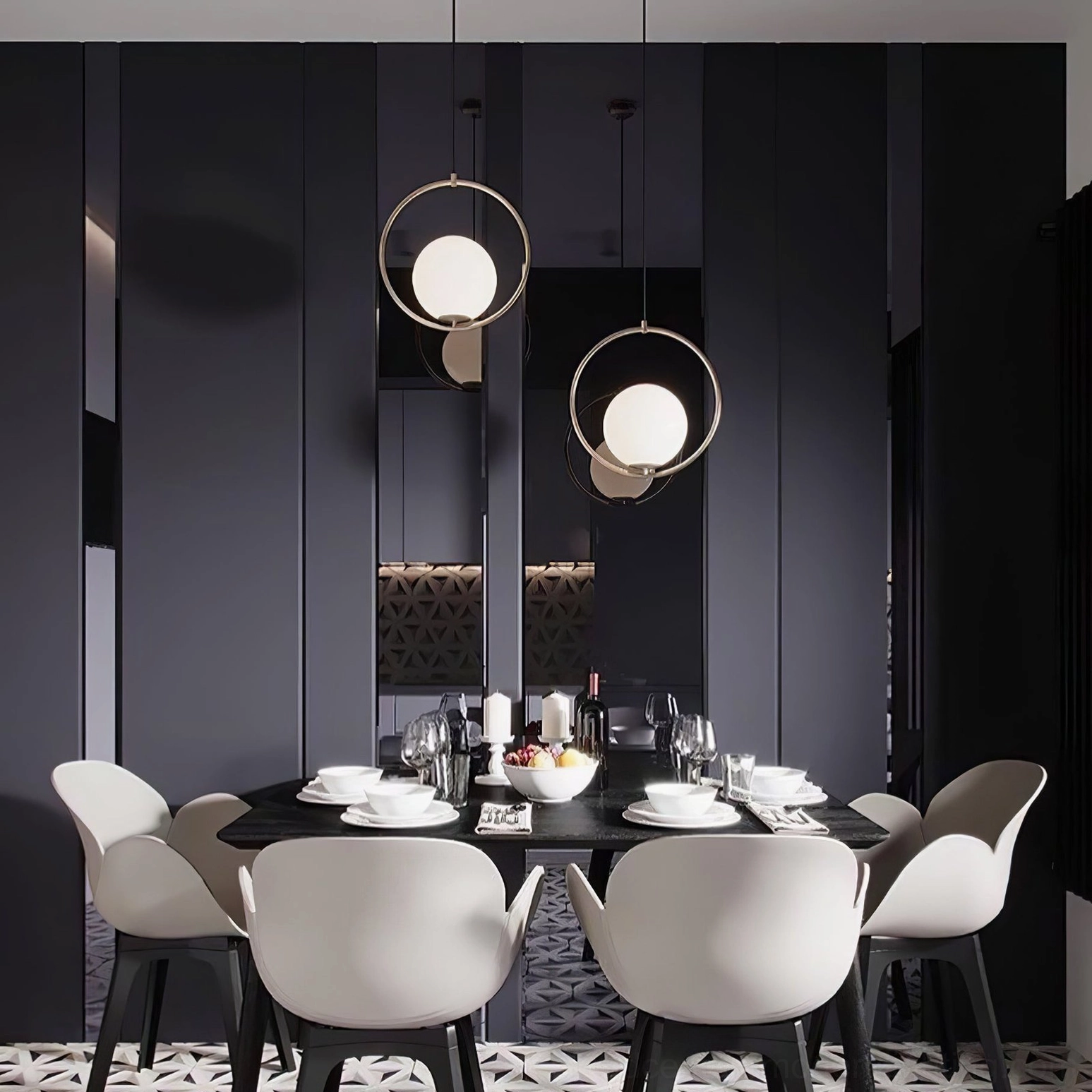 Twin Mila hand-blown glass pendants in dark modern dining room with black accent wall, luxury mid-century pendant lamp installation