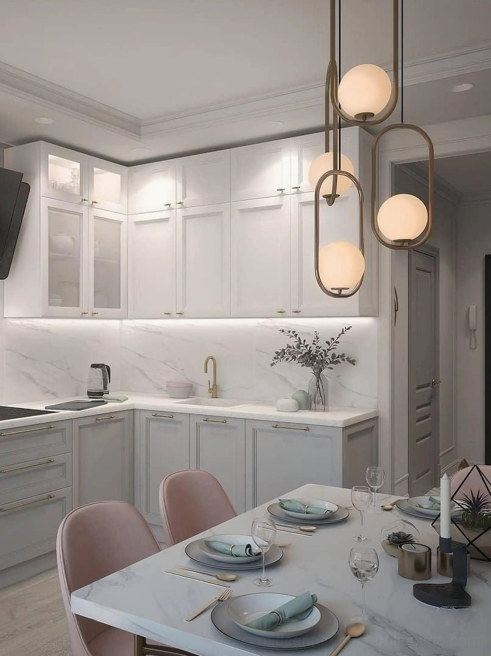 Multiple Mila hand-blown glass pendant lights in white minimalist kitchen dining, contemporary luxury ambient lighting installation