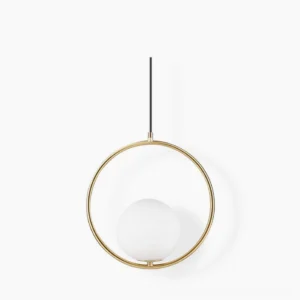 Mila geometric pendant light with gold metal hoop frame and frosted white glass sphere shade on white studio background - minimalist modern lighting design
