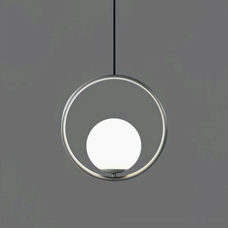 Mila silver pendant light with frosted hand-blown glass shade, contemporary metal frame artistic ceiling mounted fixture