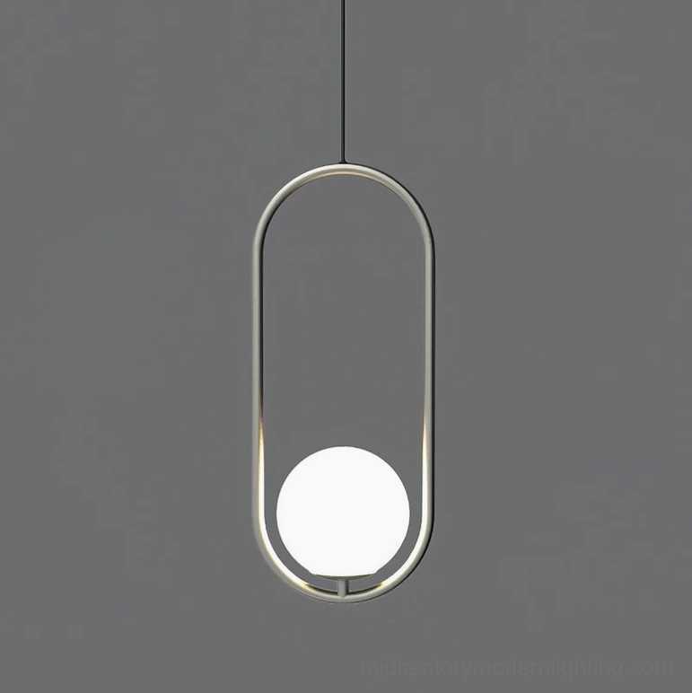 Mila hand-blown glass pendant with silver polished frame, contemporary minimalist lighting design overhead installation view