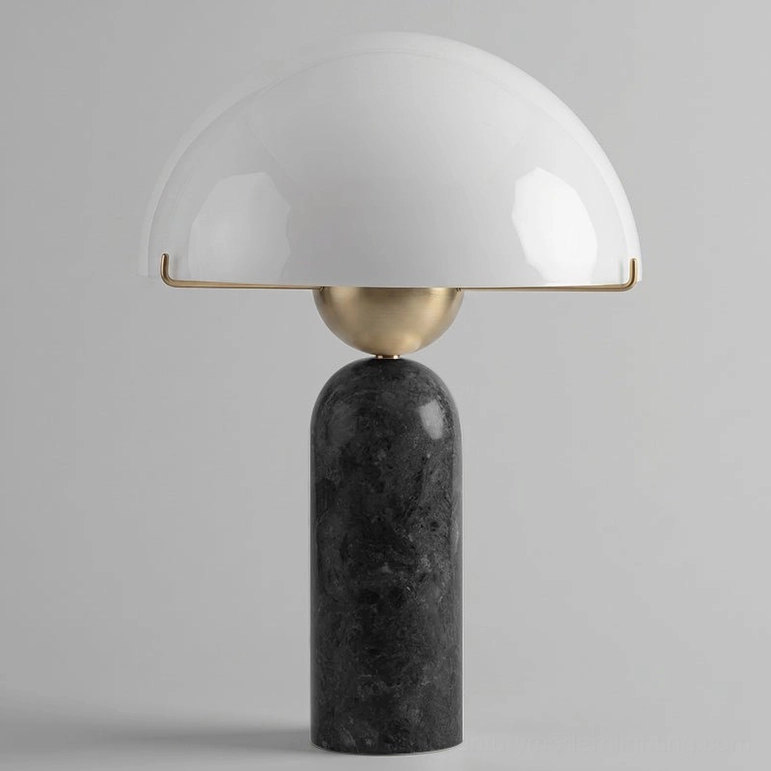 Milano marble table lamp in black and white natural stone finish with frosted glass shade and brass accents