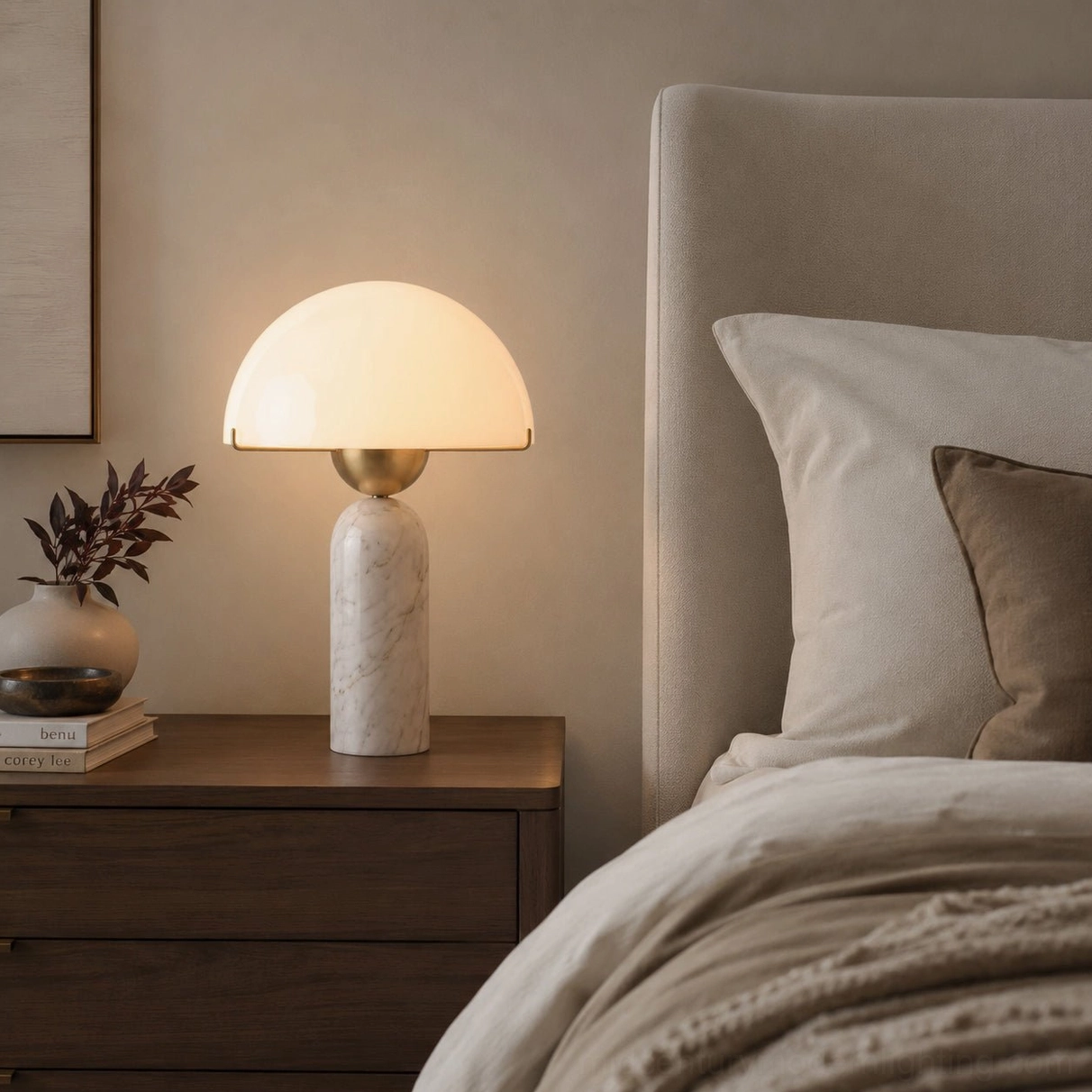 Milano marble lamp with minimalist white marble base on modern bedroom bedside table, eye-level view