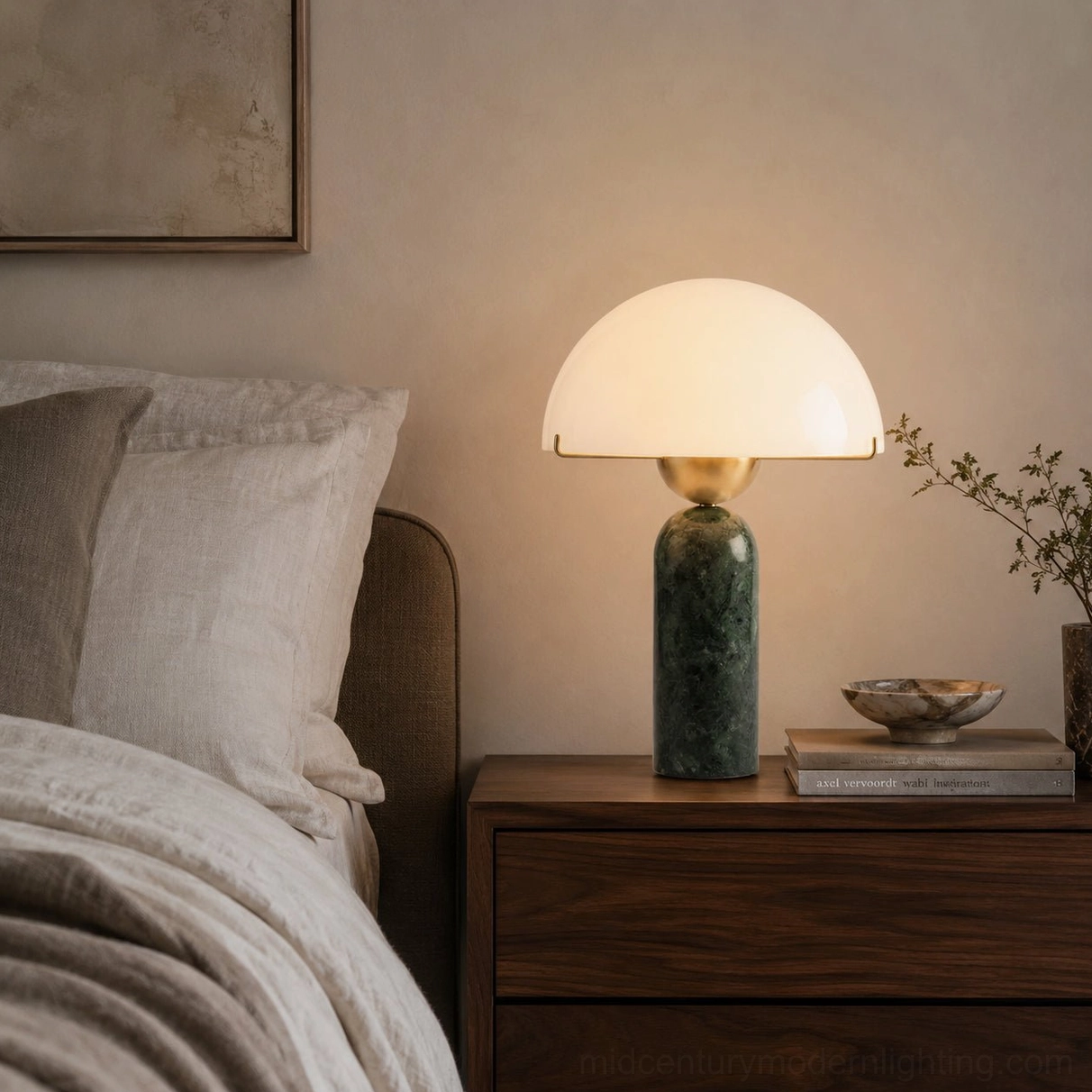 Milano marble table lamp sculptural form with frosted glass dome and brass accents in modern interior context