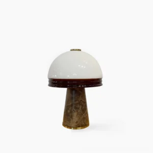 Milano marble table lamp with opal glass orb and brown white stone base front view studio lighting