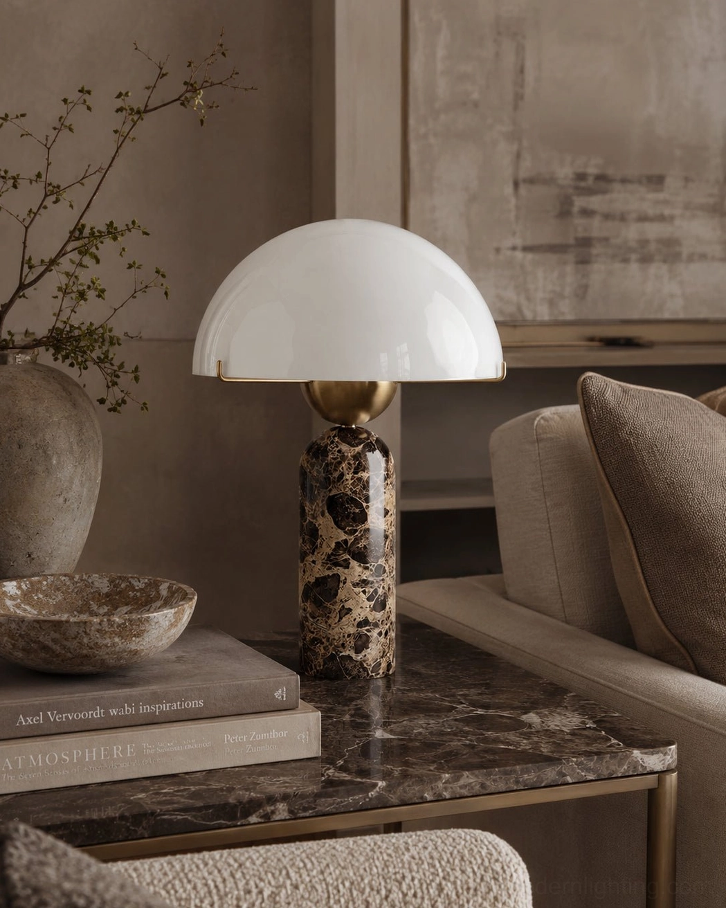 Milano marble table lamp with natural stone base and frosted glass shade, detailed side profile view