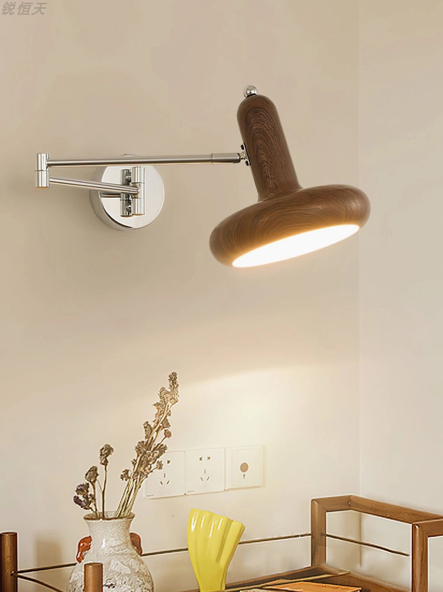 Milena wall-mounted reading lamp with adjustable swing arm in minimalist bedroom interior, side profile installation view