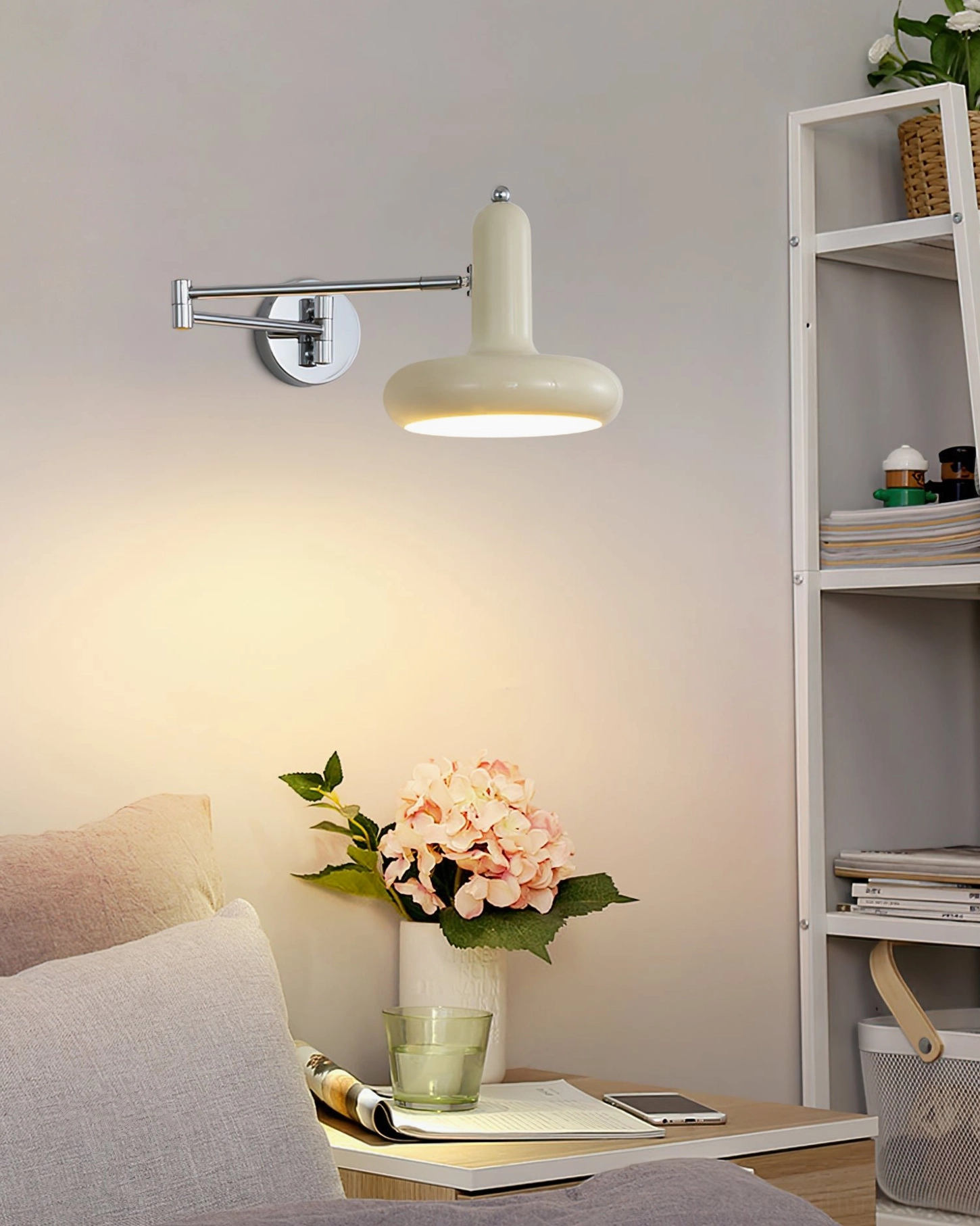 Milena mid-century modern swing arm wall sconce in natural wood finish, complete product view on neutral background