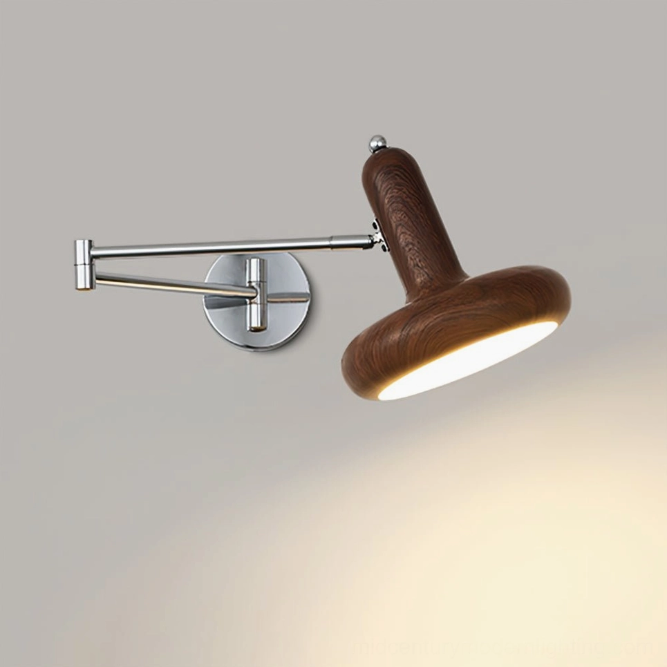Milena mid-century modern wall lamp with adjustable swing arm in warm wood tone, functional design statement piece
