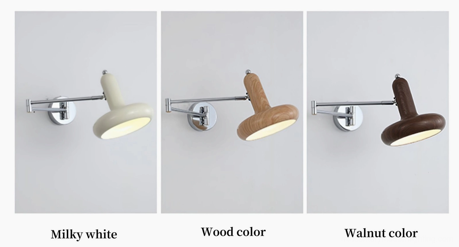 Milena adjustable wall-mounted sconce with polished metal frame and realistic wood grain finish, modern fixture design