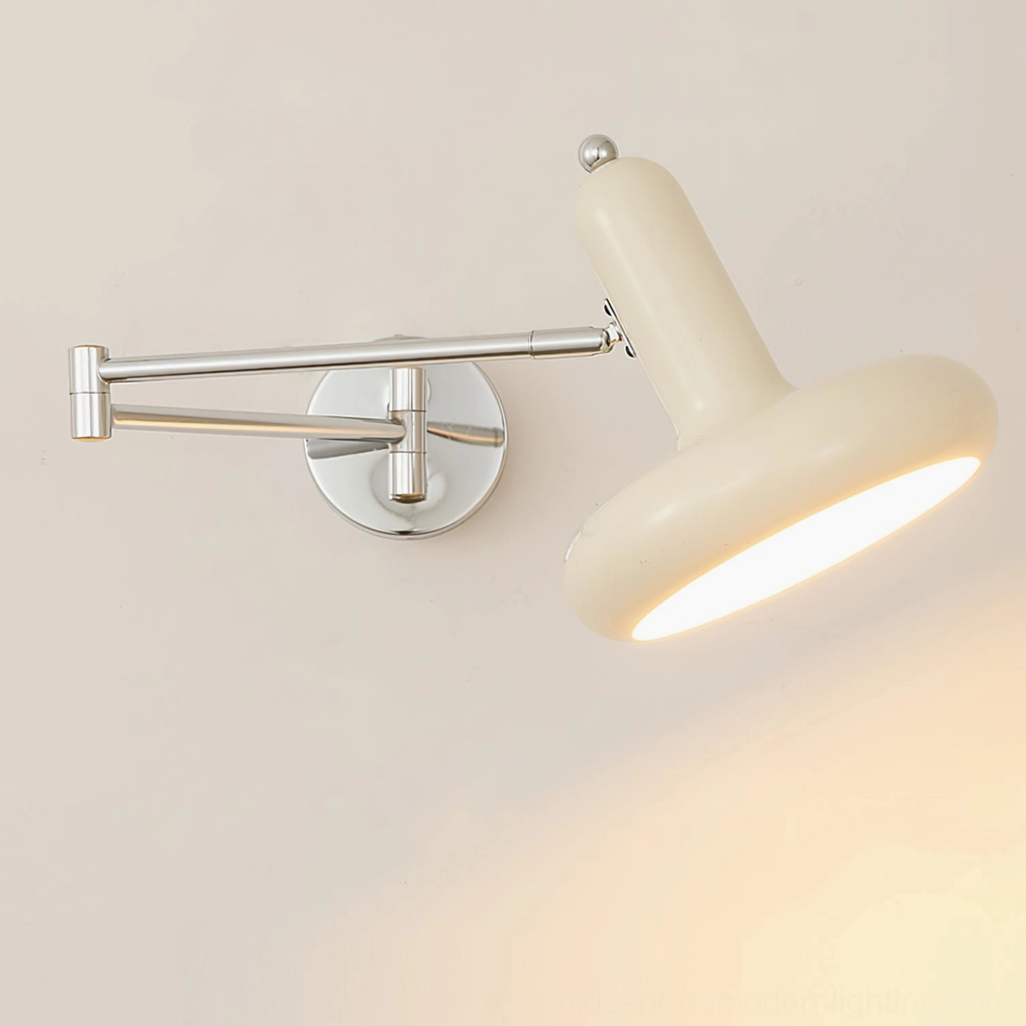 Milena swing arm wall lamp product photography showing full articulation range and design details, white studio background