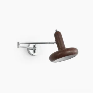 Milena adjustable swing arm wall sconce with walnut wood grain finish and chrome metal frame, front view on white background