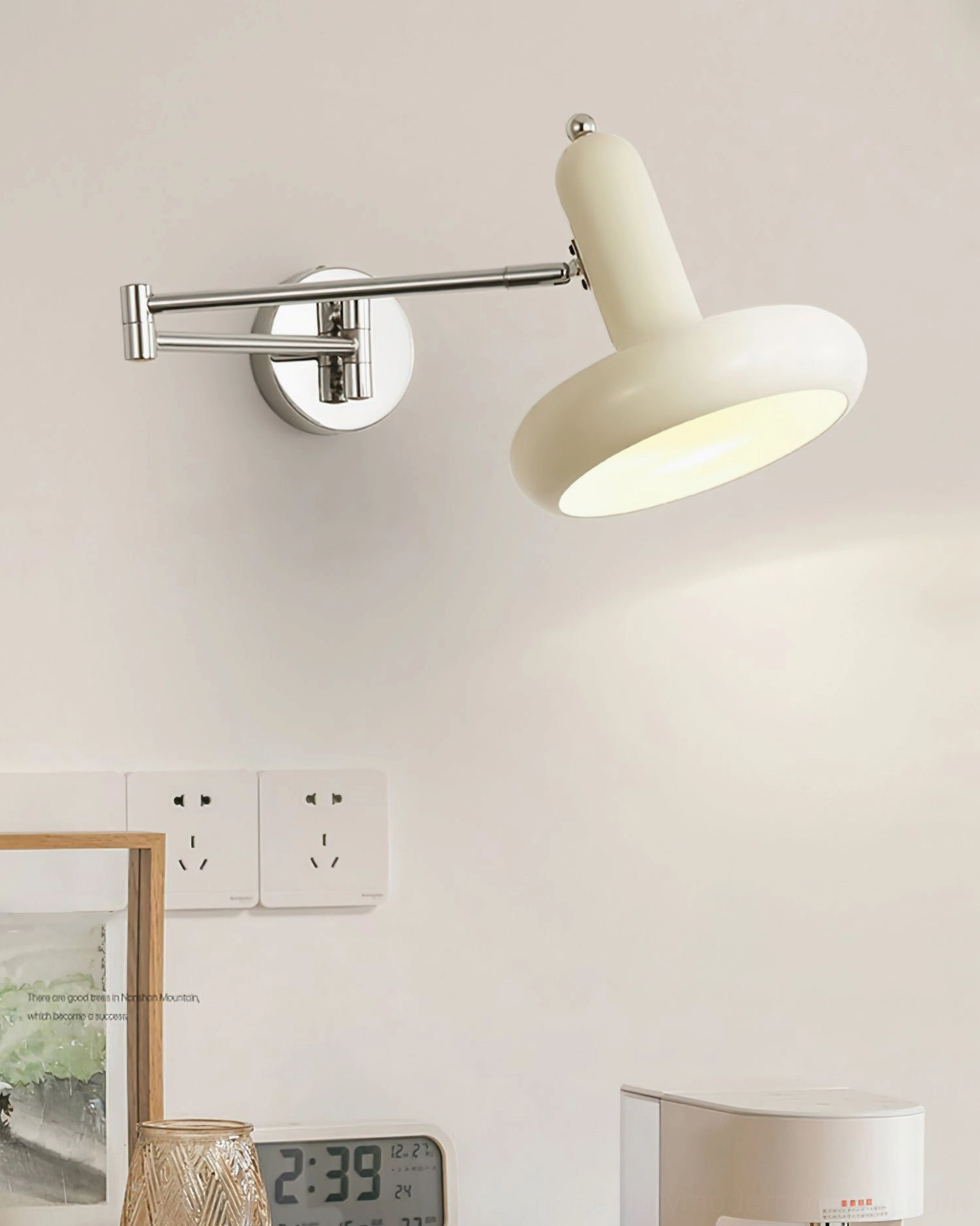 Milena adjustable swing arm wall sconce showcasing water-transfer wood grain texture detail and metal framework construction