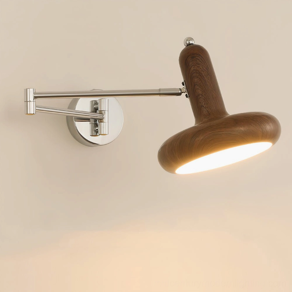 Milena swing arm wall sconce with deep walnut finish and chrome metal framework, modern reading light for bedside