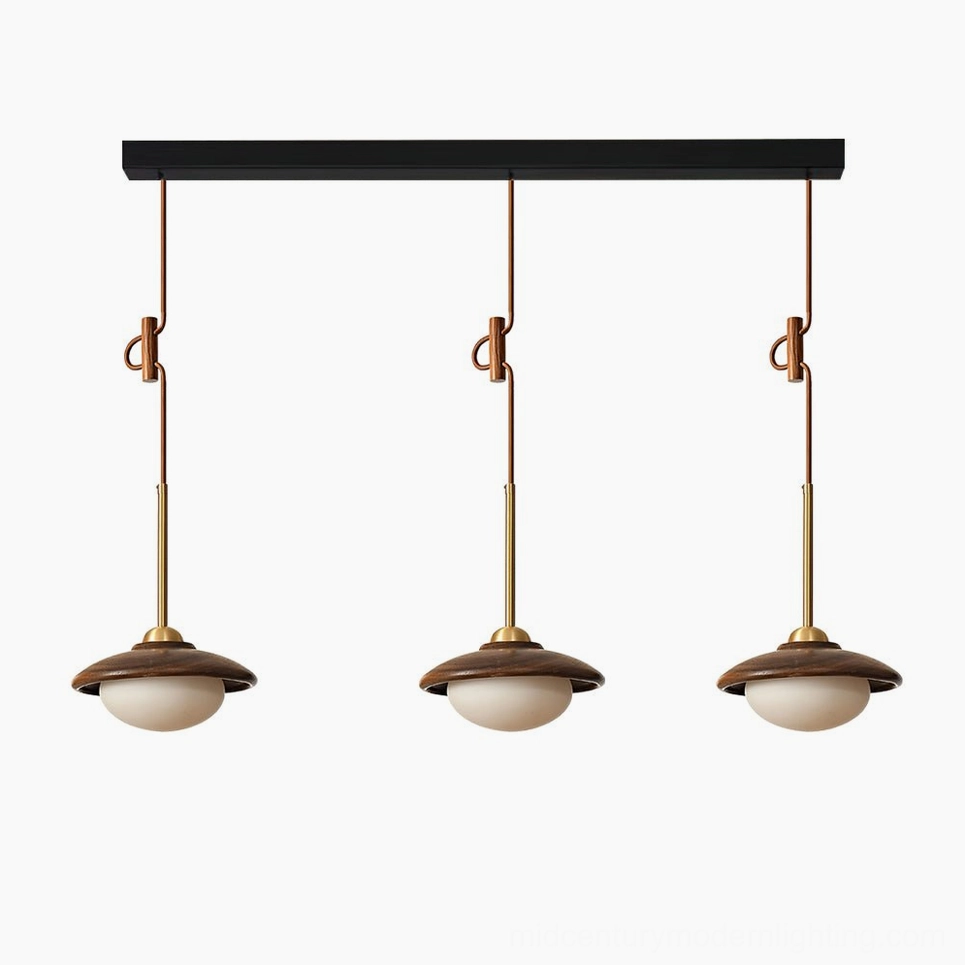 Milivia 3-lights pendant: 31.5 inches length x 7.9 inches width x 59 inches height, walnut and white