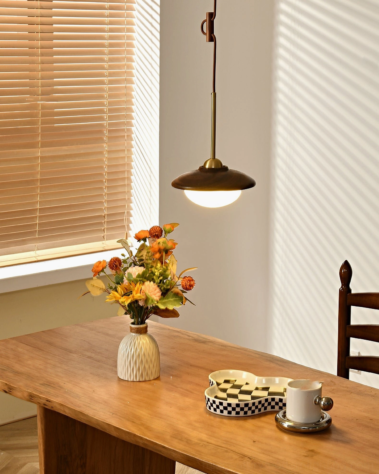 Milivia retro pendant light in contemporary interior - warm wood and frosted glass combination
