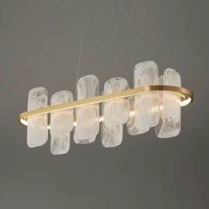 Mid-century modern oval chandelier showing frosted glass details and suspended brass ring frame