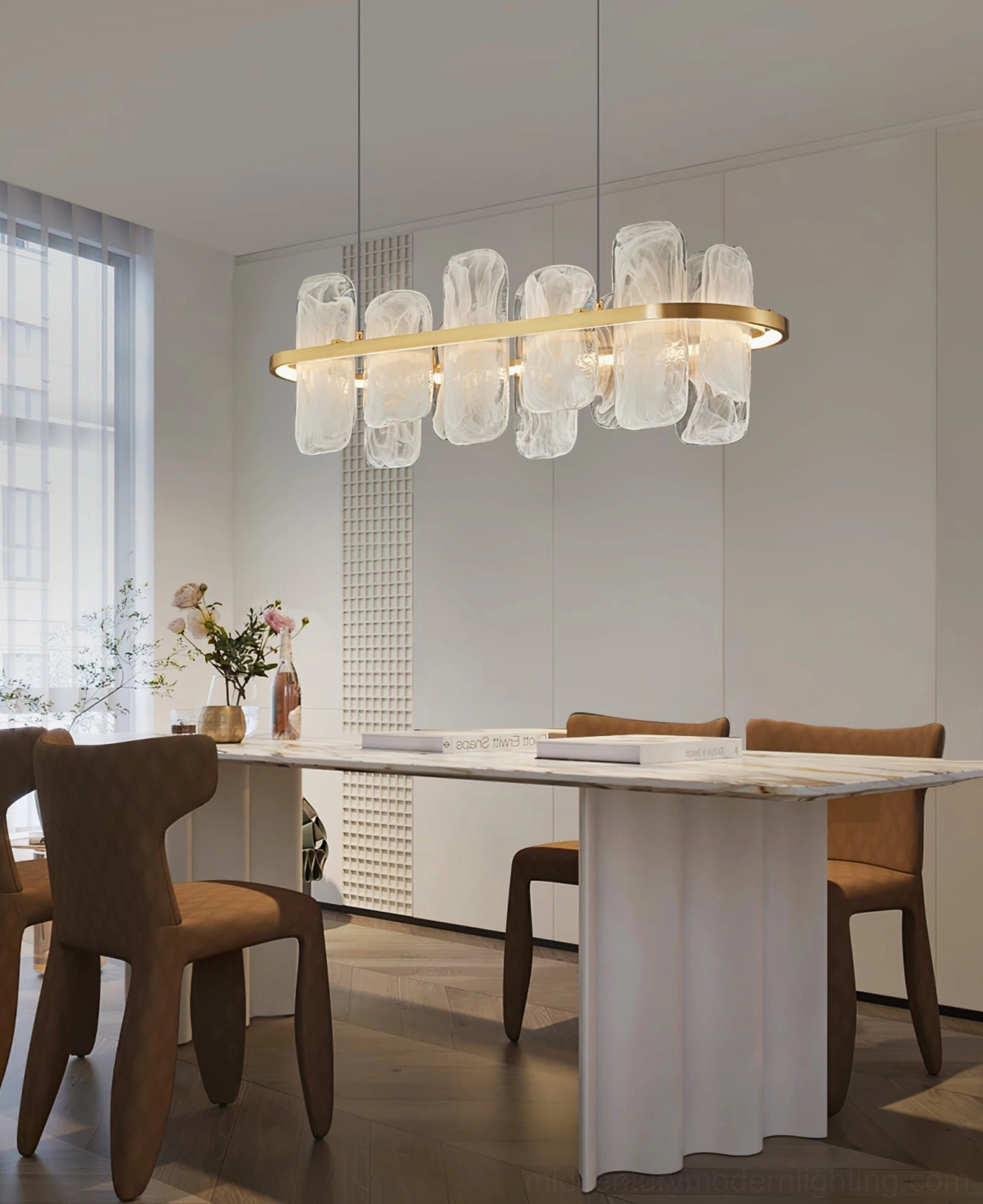 Complete Mille glass chandelier showcase with full suspension wire length and overall design silhouette
