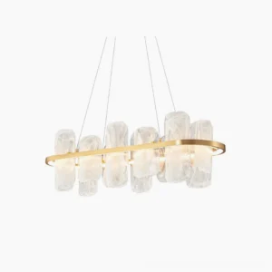 Mille oval glass chandelier with brushed brass frame and frosted cloud texture glass shades, front studio view