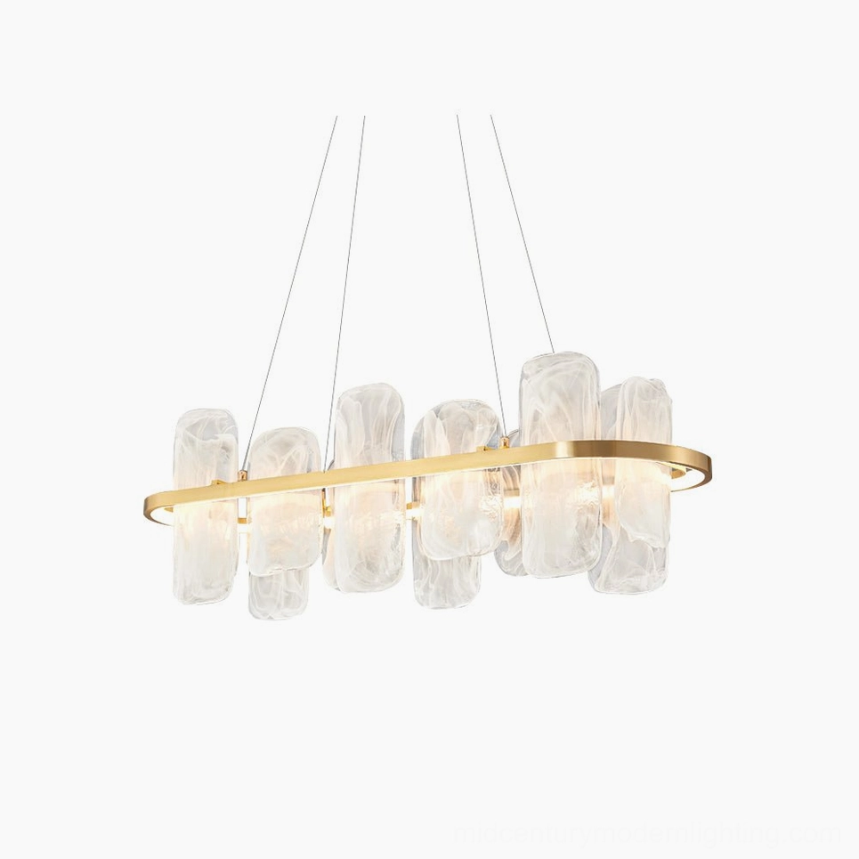 Mille oval glass chandelier with brushed brass frame and frosted cloud texture glass shades, front studio view