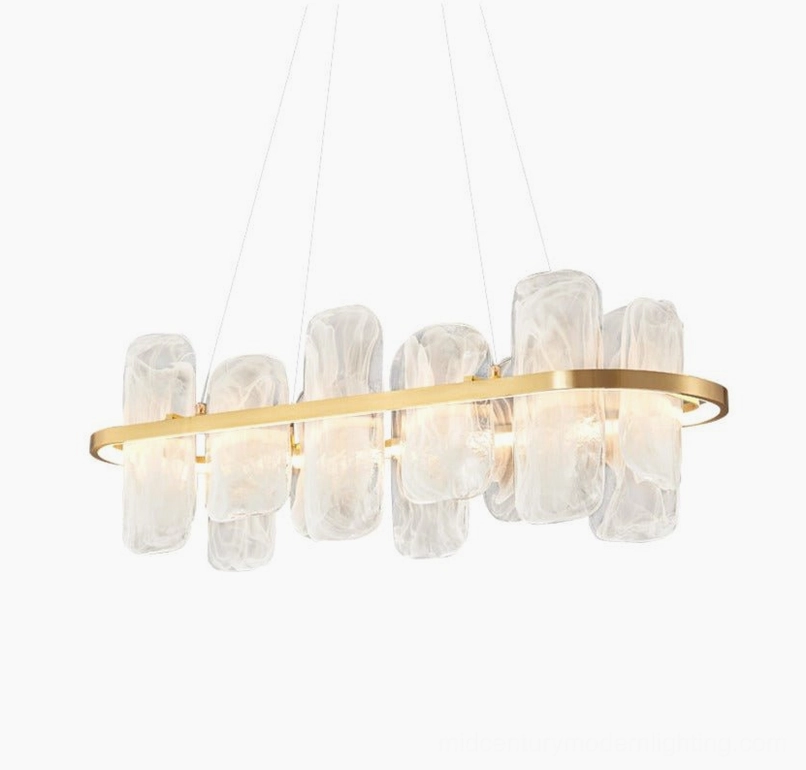 Mille long glass chandelier in warm brass finish with integrated LED and cloud-textured frosted shades