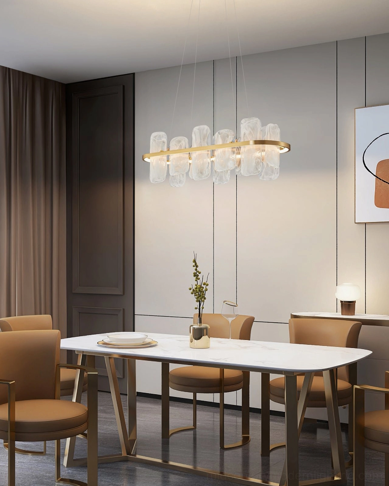 Mid-century modern Mille chandelier with organic glass shades creating sculptural ambiance and light diffusion