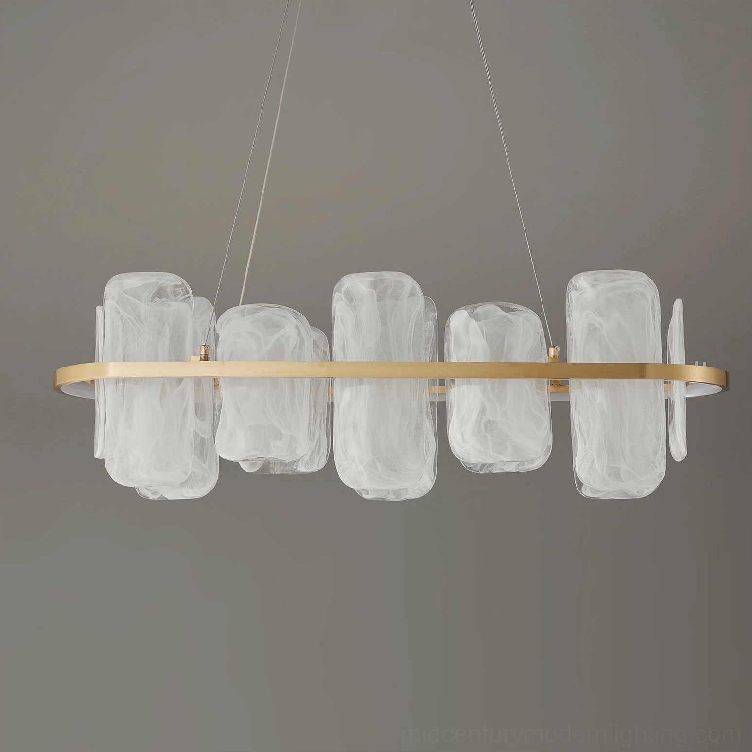 Minimalist mid-century glass chandelier with evenly spaced frosted pendants and suspension wires