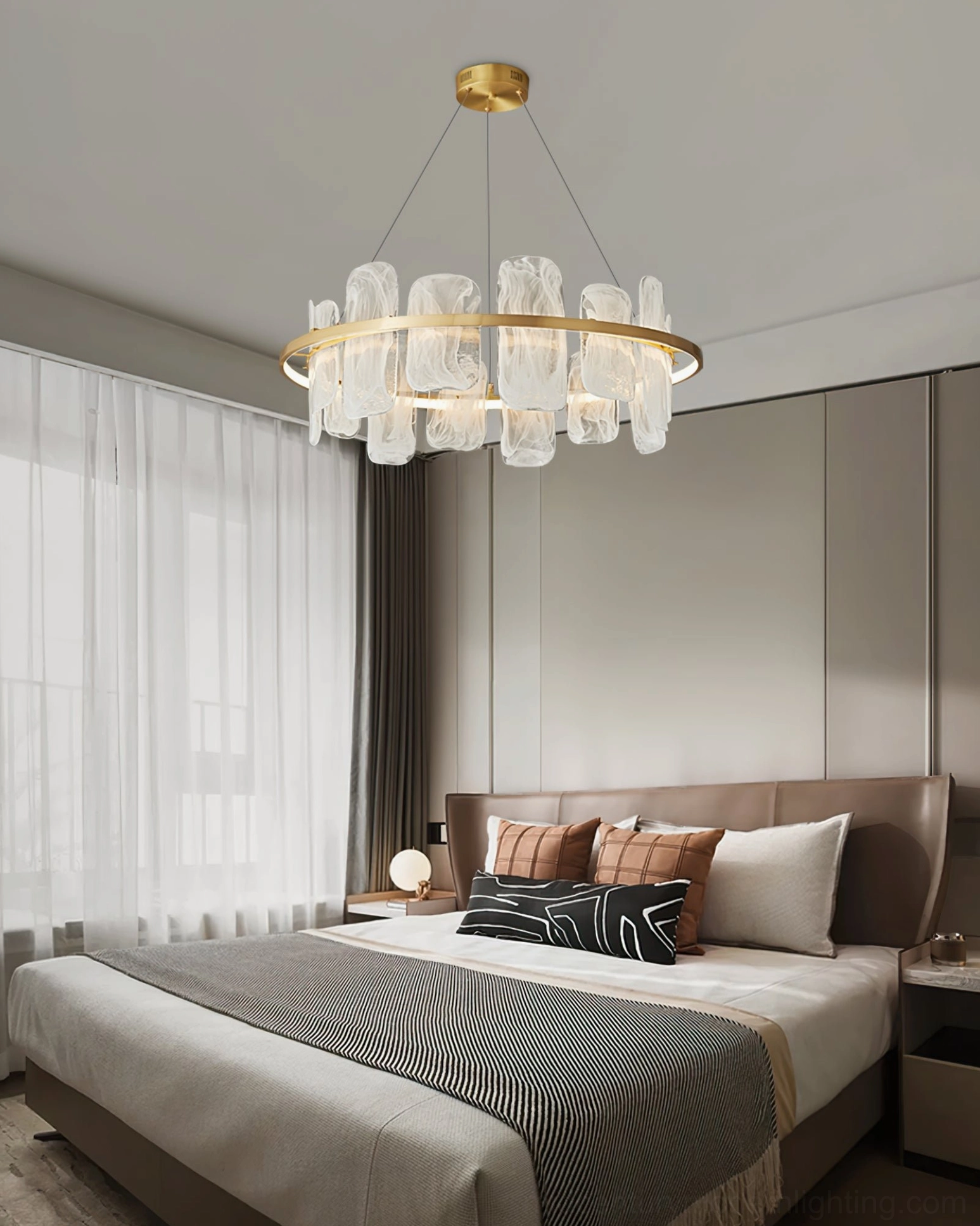 Mille Round Glass Chandelier in luxury master bedroom with warm neutral tones