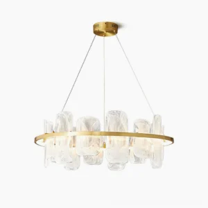 Mille Round Glass Chandelier with cloud-textured glass panels and brass ring frame - front studio view