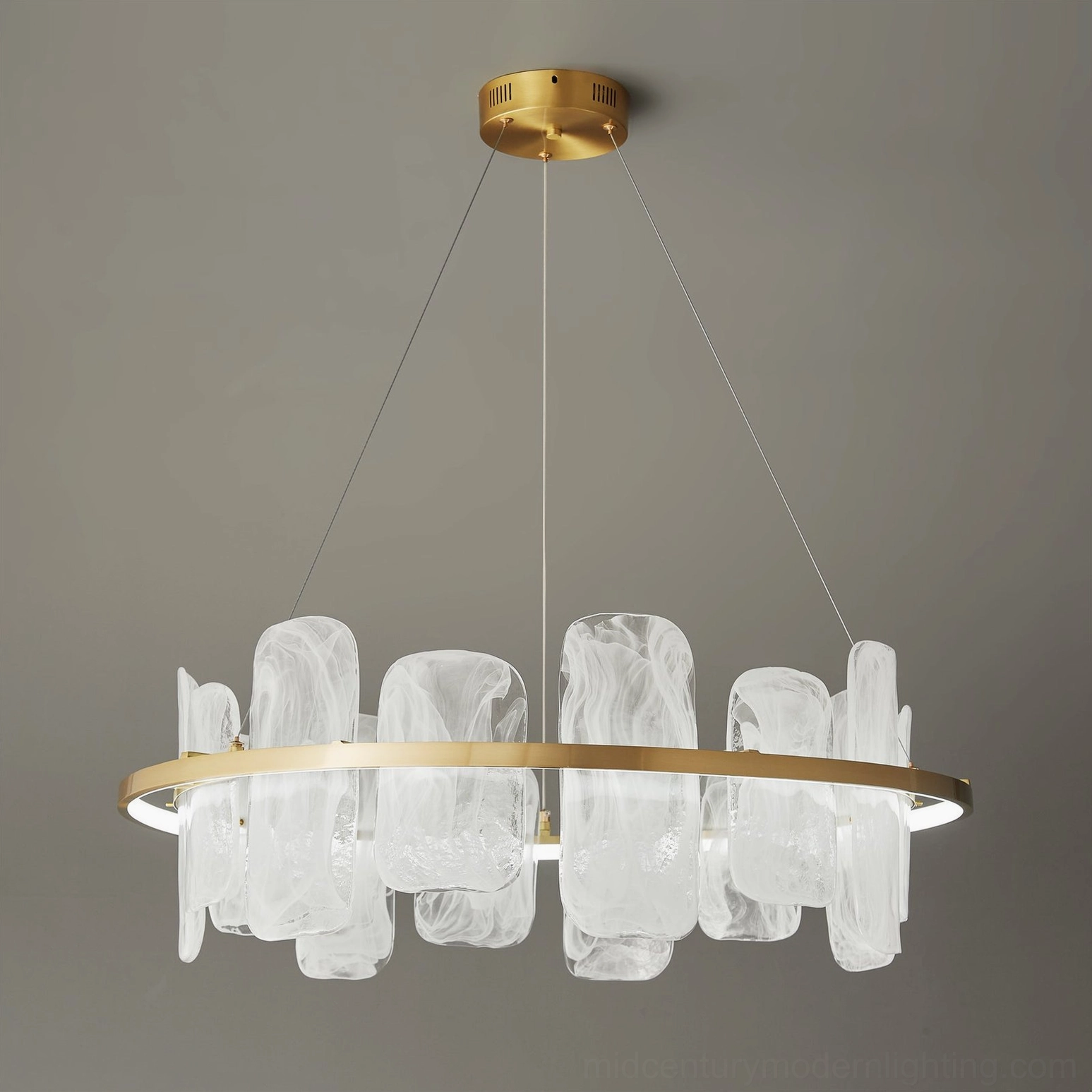 Mille Round Glass Chandelier illuminated view showing warm light through textured glass