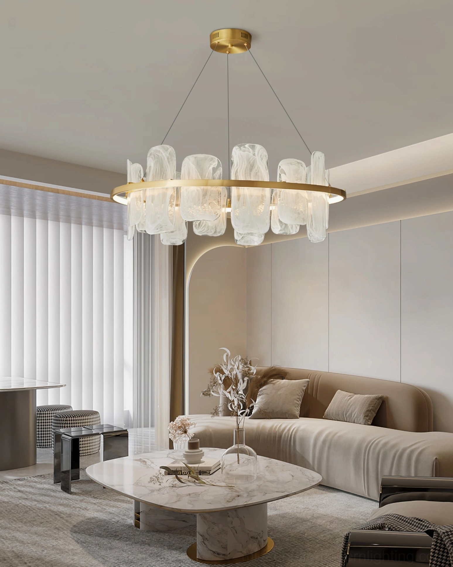 Mille Round Glass Chandelier overhead room view in modern minimalist living space