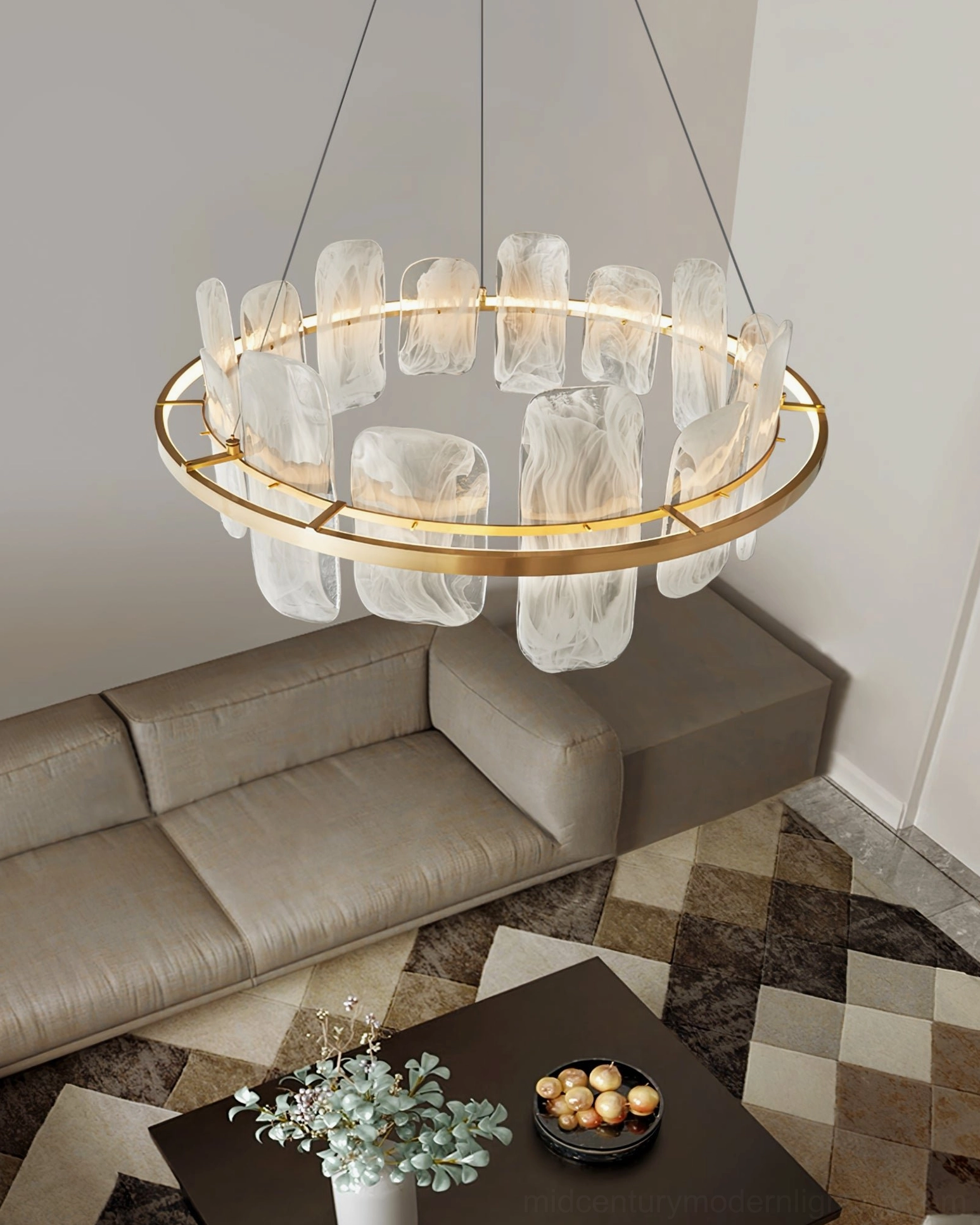 Mille Round Glass Chandelier in modern luxury living room setting with warm neutral decor