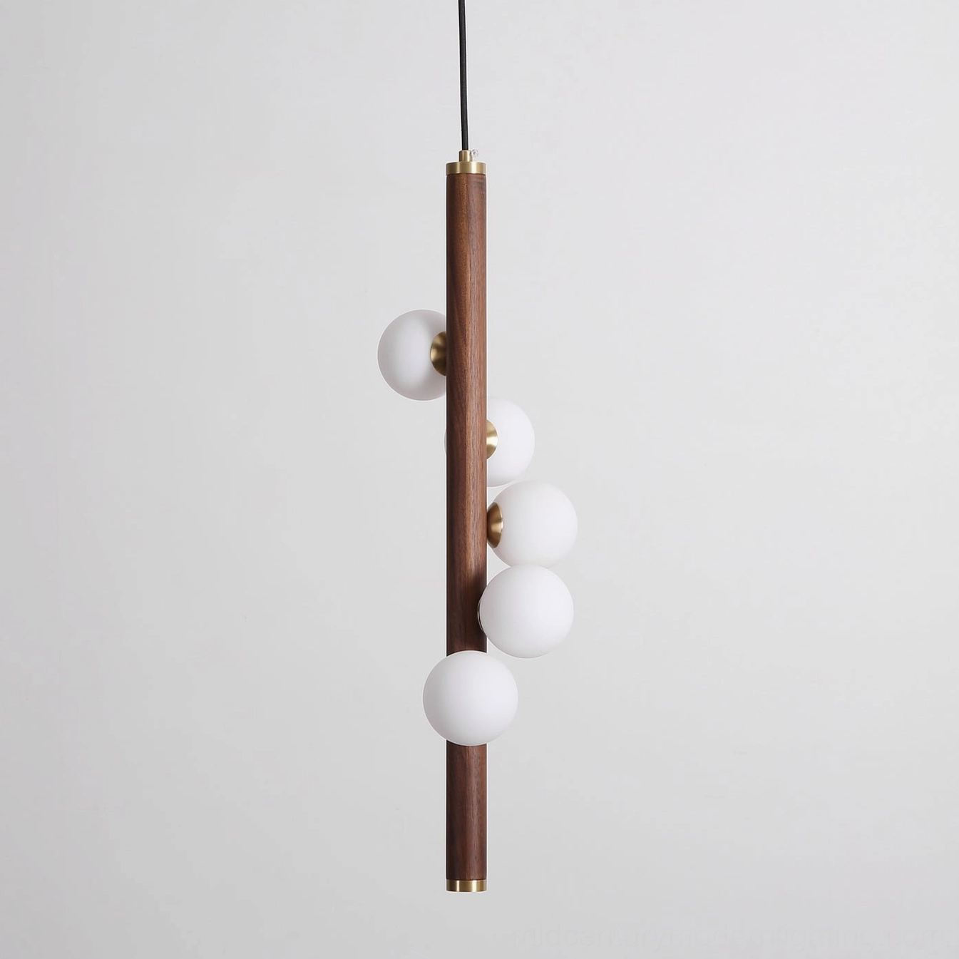 Miller wooden pendant light showing full suspension and mounting hardware, contemporary lighting fixture