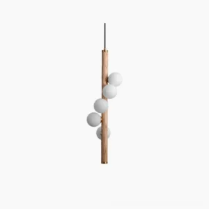 Miller wooden pendant light with frosted glass globes, frontal studio view showing natural wood construction and brass details