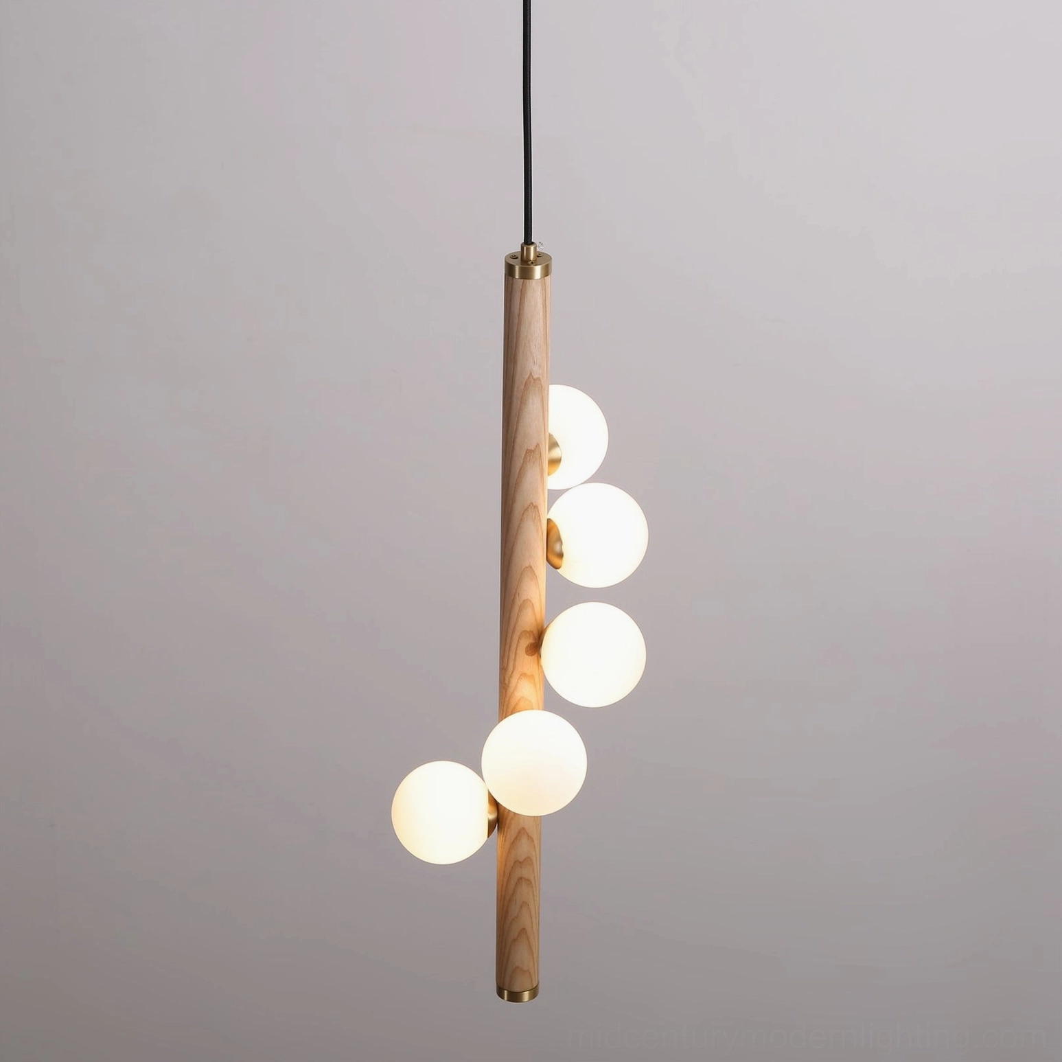 Miller pendant light with walnut wood finish and white accents, elegant mid-century modern design