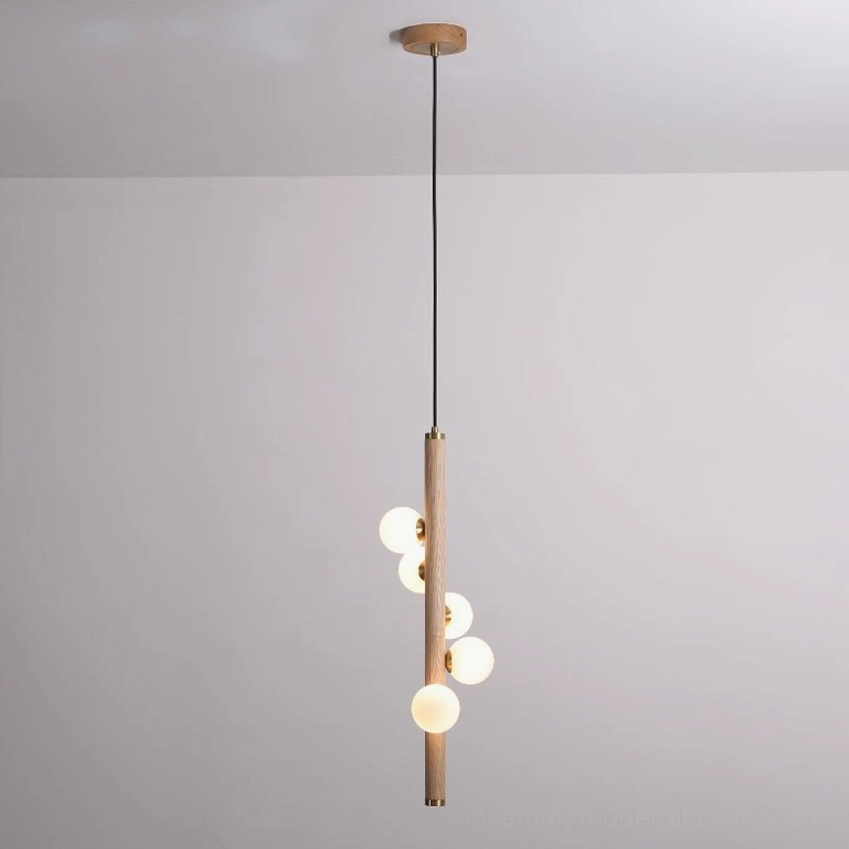 Miller pendant light in wood color and white finish, asymmetrical frosted glass orb arrangement